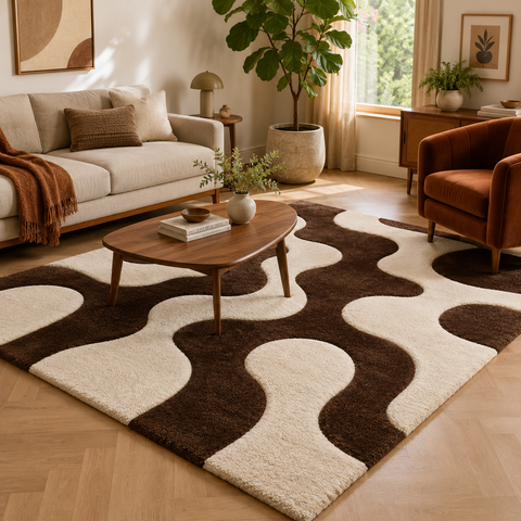 Flow Arc abstract rug with sweeping organic curves - hand-tufted NZ wool designer rug for modern living room