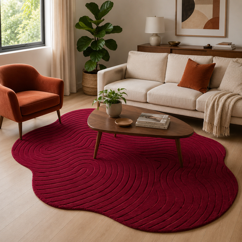 Ruby Wave irregular hand-tufted rug with bold ruby red wave-like patterns for dramatic living room
