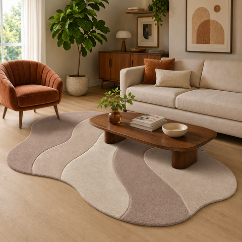 Moreni Wave Rug - Hand-tufted irregular rug in forest green, sage, and cream - ThePieCraft