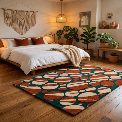 Orbital modern hand-tufted rug in coral, orange, and peach with cosmic abstract design
