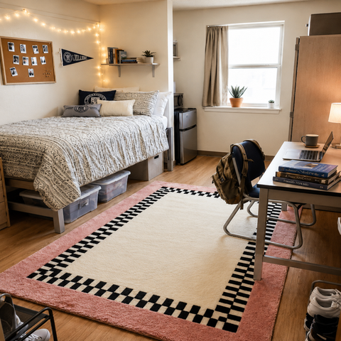 Pink Border modern hand-tufted rug in black, cream, and peach with geometric border design