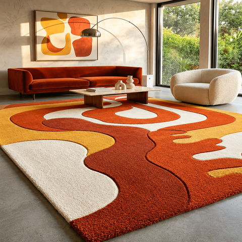 Retro Wave modern hand-tufted rug in coral, orange, and white with 80s-inspired wave pattern