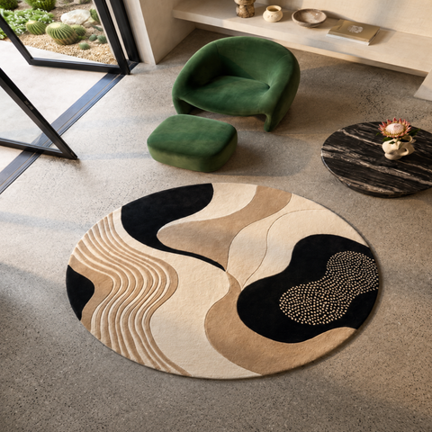 Ripple round hand-tufted rug in black, peach, and sand with concentric circle pattern