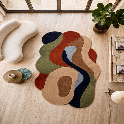 River irregular hand-tufted rug in blue, cream, navy, and peach with flowing river-like patterns