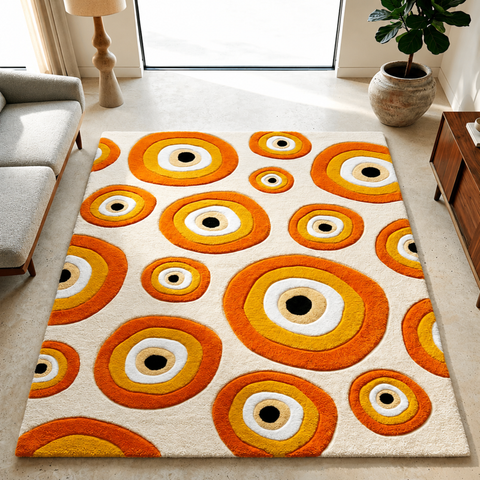 Oracle Eye oval hand-tufted rug in orange, white, and yellow with abstract eye design
