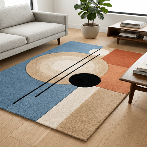 Solstic geometric hand-tufted rug in cream, peach, and sand with modern solstice-inspired patterns