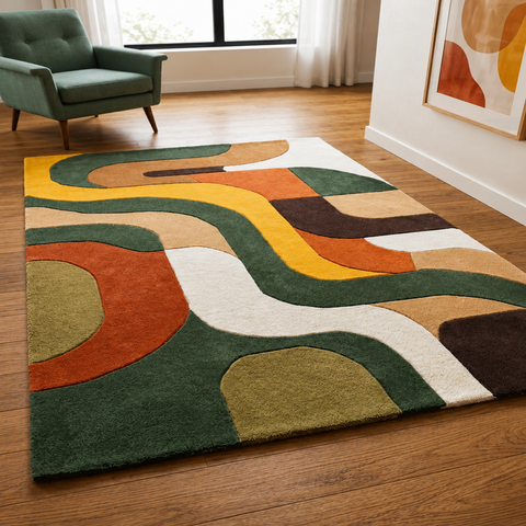 Spectrum abstract hand-tufted rug in moss, olive, and sage with lush green natural tones