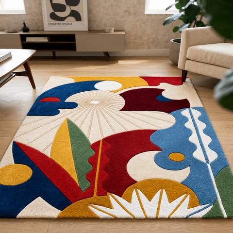 Sunscape abstract hand-tufted rug in coral, red, and white with fiery sunset-inspired patterns