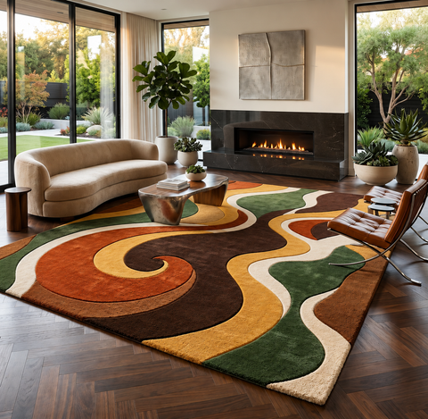 Swirl Rug - hand-tufted modern wool rug with black, cream, green and rust swirl pattern