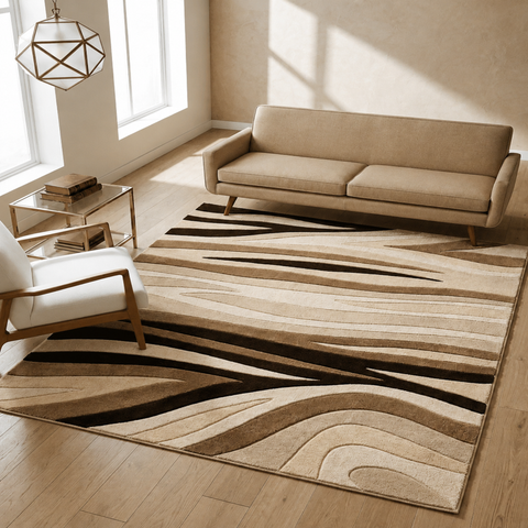 Terra Wave Rug - hand-tufted abstract wool and silk rug in cream, maroon and sand