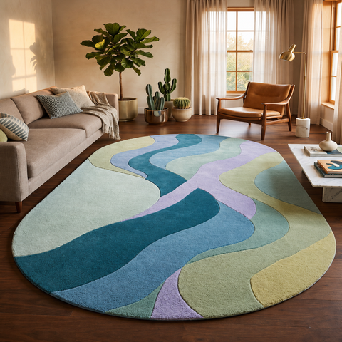 Tidal Drift Rug - hand-tufted round wool and silk rug in cream, peach and teal tidal pattern