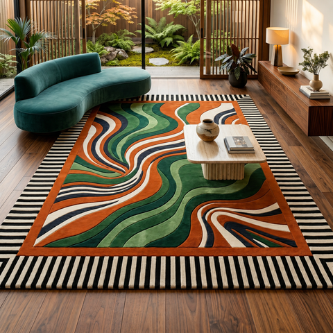 Vortex Rug - hand-tufted abstract wool and silk rug with black, cream, green and rust spiral pattern