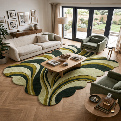 Wave Flow Rug - hand-tufted irregular wool and silk rug in black, dark green and olive flowing pattern