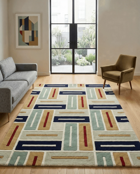 Interlocking Rug - Hand-tufted modern rug in dark blue, sand, and white - ThePieCraft