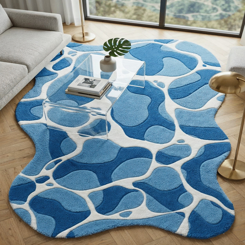 Aqua Caustic Rug in blue cobalt and olive - hand-tufted NZ wool irregular rug for living room bedroom