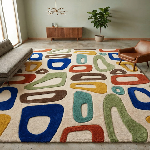 Atomic Rug in caramel cream and white - hand-tufted abstract wool rug with mid-century atomic pattern