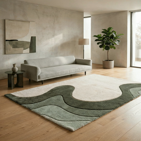 Contour Wave modern rug in olive sand and white - hand-tufted NZ wool rug with flowing wave pattern