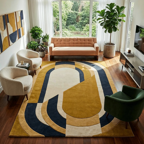 Arc Circuit Rug in mustard orange and tan - hand-tufted modern wool rug with geometric arc pattern