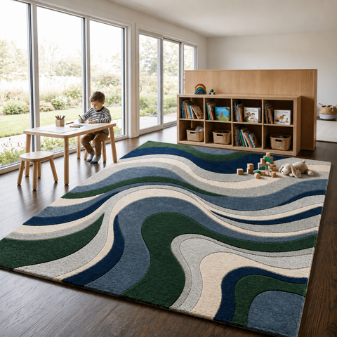 Wave Rug - hand-tufted abstract wool and silk rug in green, moss and peach wave pattern