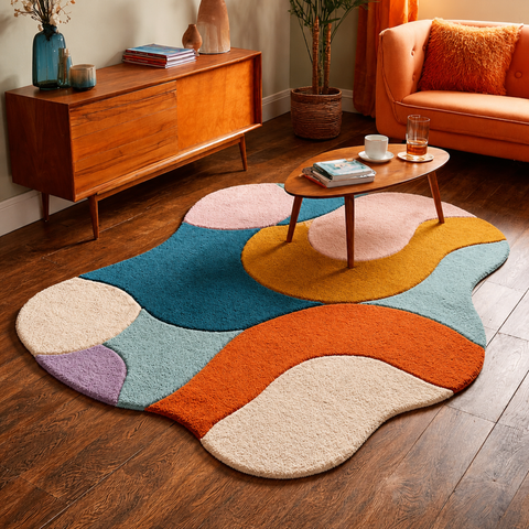 Wavy Rug - hand-tufted irregular wool and silk rug in cream, orange and peach wavy pattern
