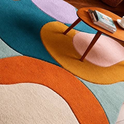 Wavy Rug - hand-tufted irregular wool and silk rug in cream, orange and peach wavy pattern