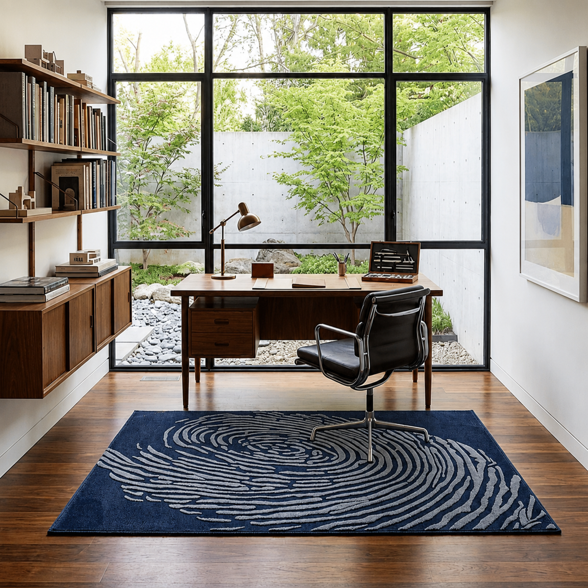 Whorl Indigo Rug - hand-tufted abstract wool rug with blue, cobalt and navy whorl pattern