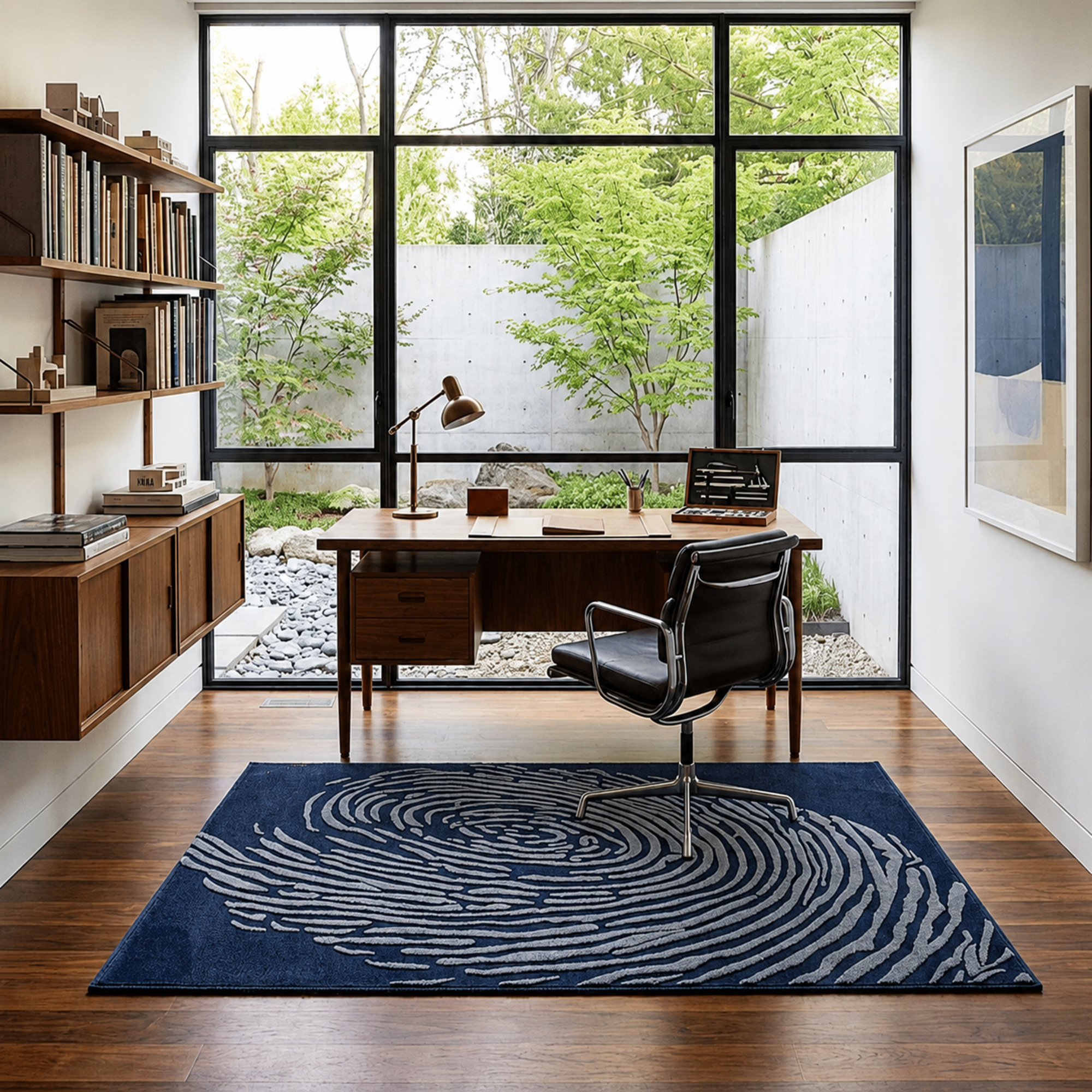 Whorl Indigo Rug - hand-tufted abstract wool rug with blue, cobalt and navy whorl pattern