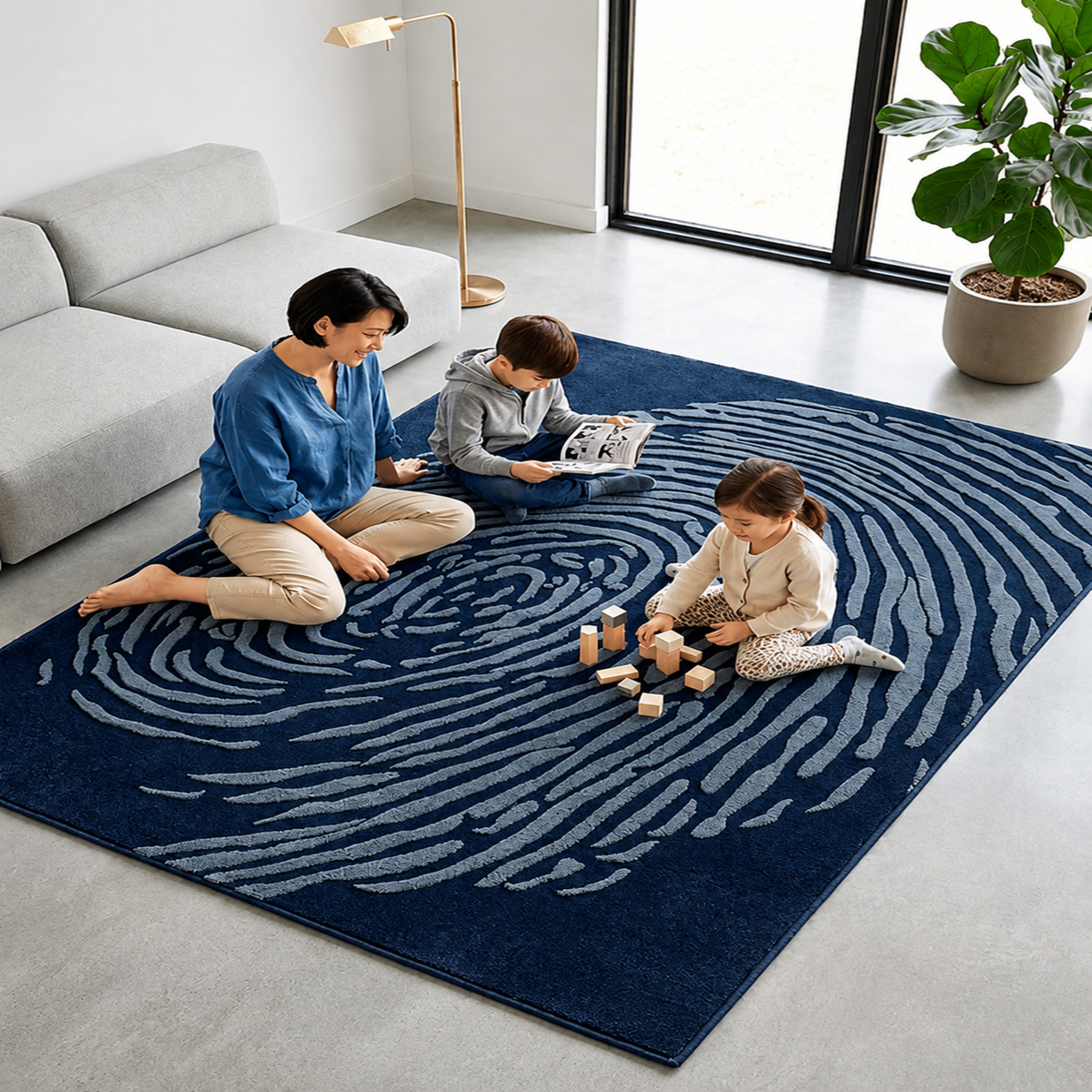 Whorl Indigo Rug - hand-tufted abstract wool rug with blue, cobalt and navy whorl pattern