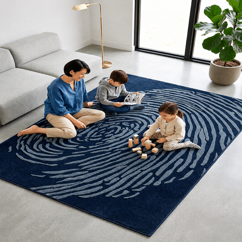 Whorl Indigo Rug - hand-tufted abstract wool rug with blue, cobalt and navy whorl pattern