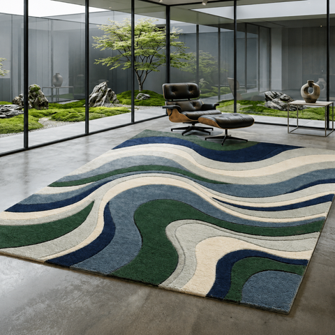 Wave Rug - hand-tufted abstract wool and silk rug in green, moss and peach wave pattern