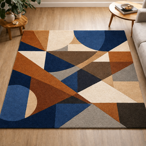 Harmony Rug - Hand-tufted geometric rug in cobalt, cream, and orange - ThePieCraft