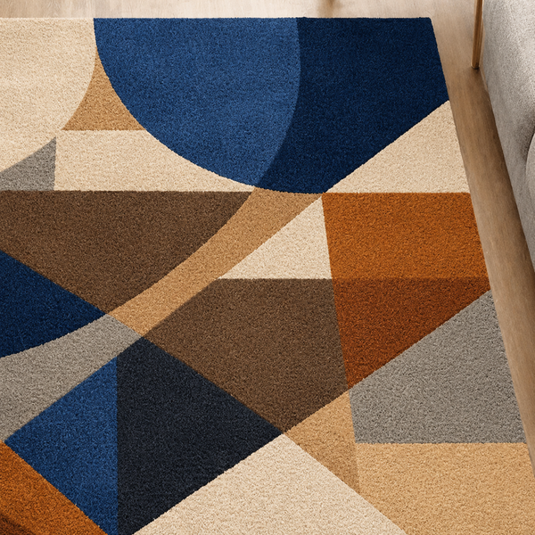 Harmony Rug - Hand-tufted geometric rug in cobalt, cream, and orange - ThePieCraft