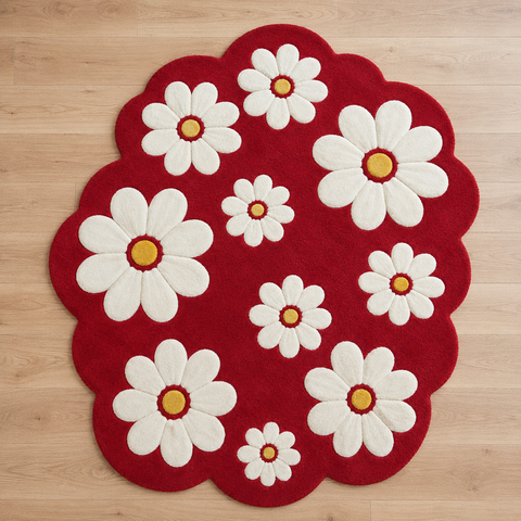Crimson Daisy floral rug in rich red tones - hand-tufted NZ wool designer rug with bold daisy pattern