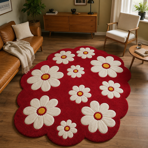 Crimson Daisy floral rug in rich red tones - hand-tufted NZ wool designer rug with bold daisy pattern