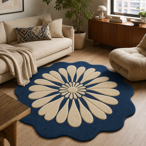 Midnight Bloom Rug - Hand-tufted floral rug in midnight blue, dark purple, and charcoal - ThePieCraft