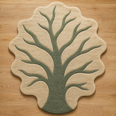 Evergreen Grove floral rug in rich forest green - hand-tufted NZ wool rug with botanical woodland design