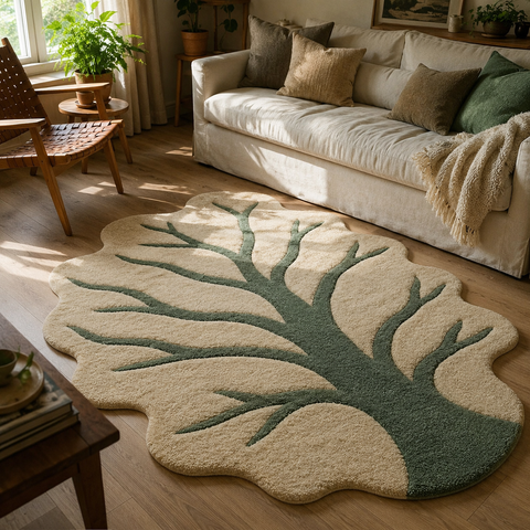 Evergreen Grove floral rug in rich forest green - hand-tufted NZ wool rug with botanical woodland design