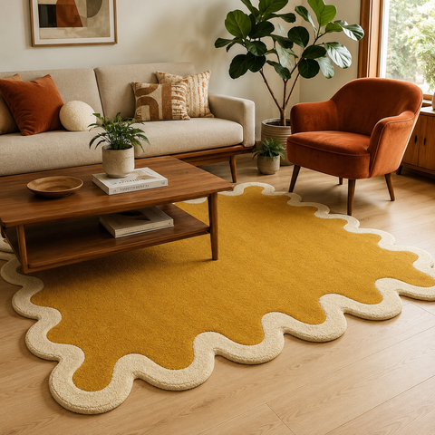 Solar Wave irregular hand-tufted rug with dynamic sun-inspired wave patterns and radiant energy
