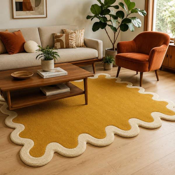 Solar Wave irregular hand-tufted rug with dynamic sun-inspired wave patterns and radiant energy