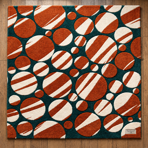 Orbital modern hand-tufted rug in coral, orange, and peach with cosmic abstract design