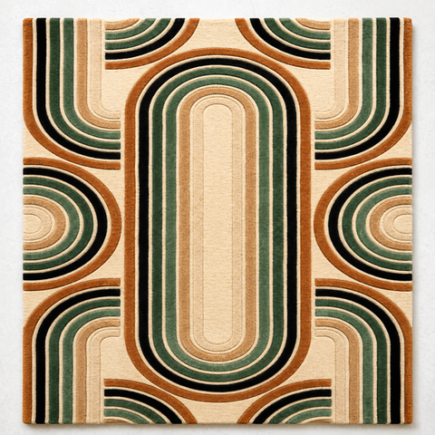 Retro Arc geometric hand-tufted rug in black, cream, and peach with mid-century arc patterns