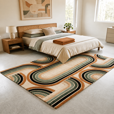 Retro Arc geometric hand-tufted rug in black, cream, and peach with mid-century arc patterns