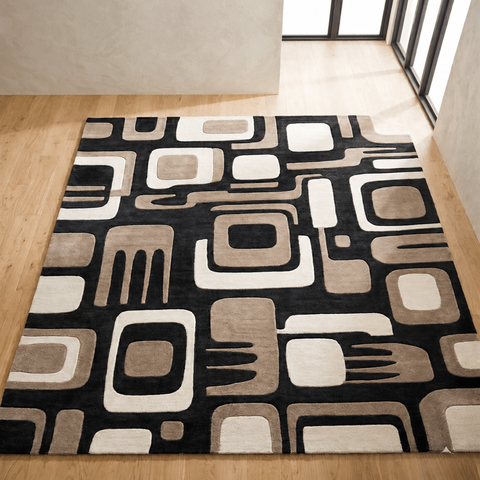 Modu Rug - Hand-tufted geometric rug in black, charcoal, and sand - ThePieCraft