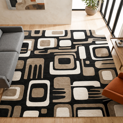 Modu Rug - Hand-tufted geometric rug in black, charcoal, and sand - ThePieCraft