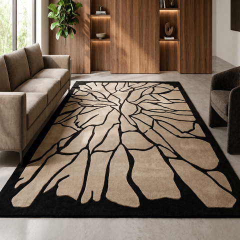Mycelium Rug - Hand-tufted modern rug in black, cream, and sand - ThePieCraft