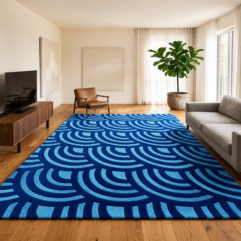 Nami-Do Rug - Hand-tufted modern rug in blue, cream, and peach - ThePieCraft