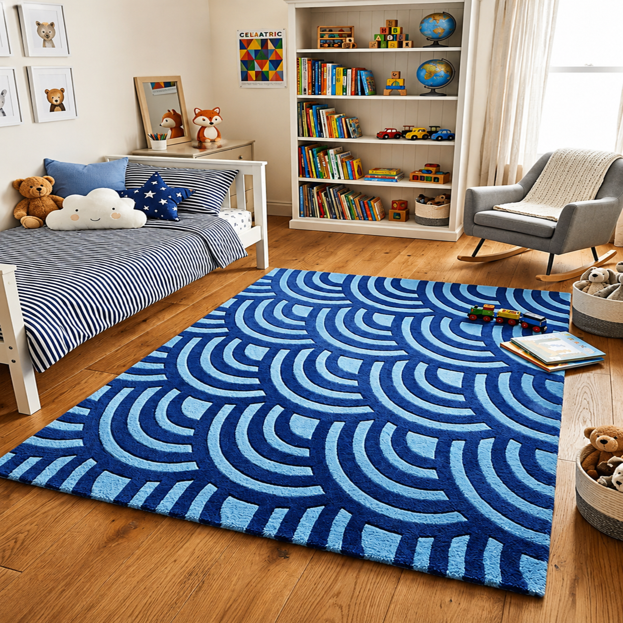 Nami-Do Rug - Hand-tufted modern rug in blue, cream, and peach - ThePieCraft
