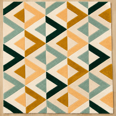 Nested geometric hand-tufted rug in cream, dark green, and peach for living room and bedroom