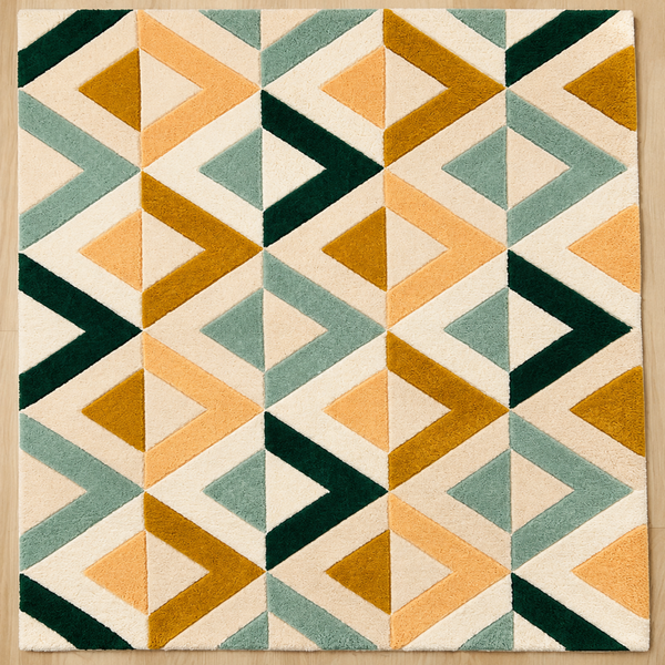 Nested geometric hand-tufted rug in cream, dark green, and peach for living room and bedroom