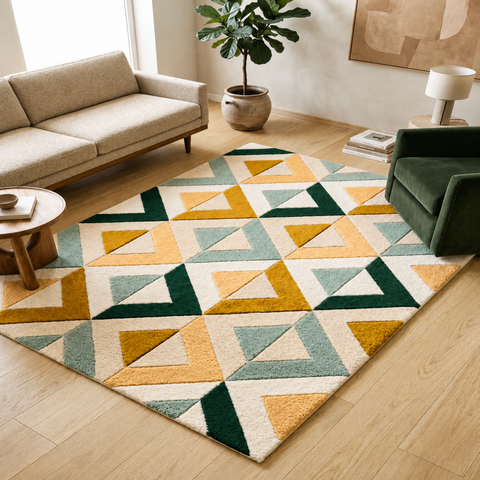 Nested geometric hand-tufted rug in cream, dark green, and peach for living room and bedroom